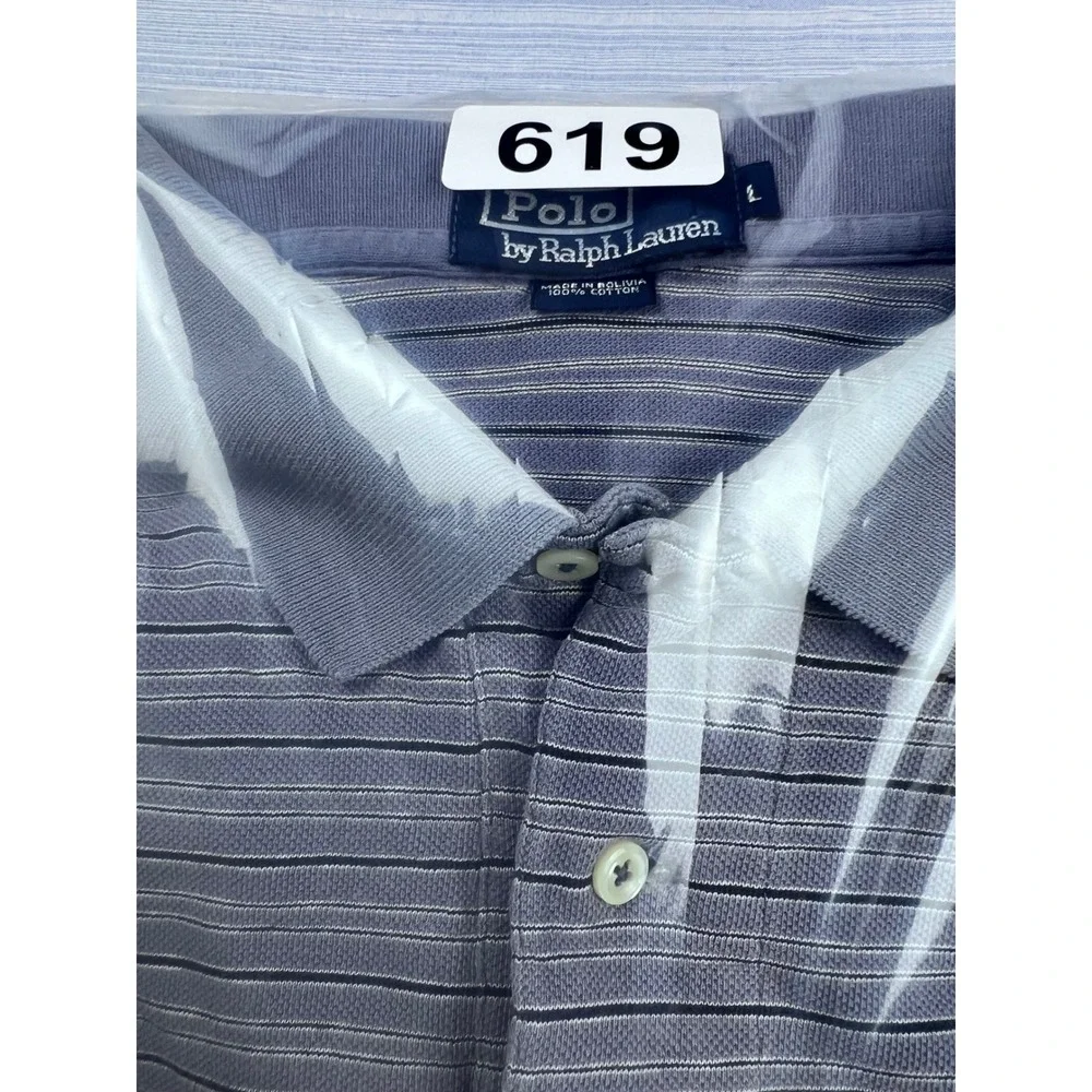 Polo Ralph Lauren Mens Large Blue‎ Grey Striped Short Sleeve Pique Polo Shirt